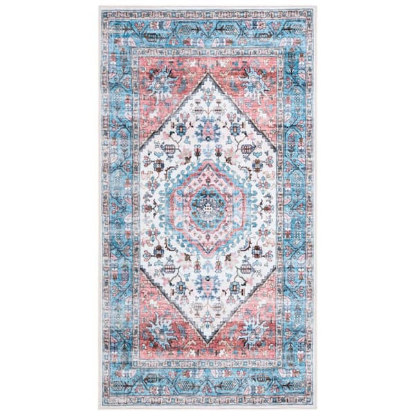 SAFAVIEH Washable Printed Rug Turquoise/Red  4 ft. x 6 ft. Machine Washable Distressed Border Area Rug