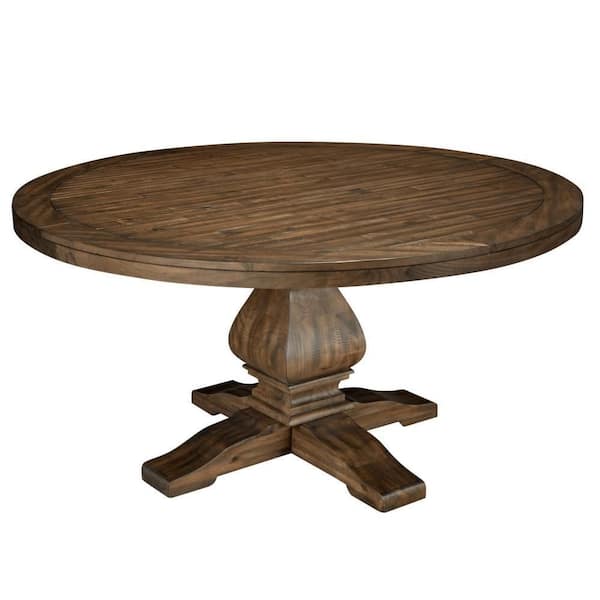 Brown Wood Round 60 in. Pedestal Base Dining Table Seats 4