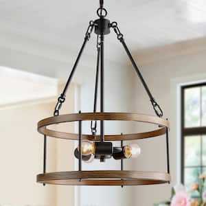 Brown Drum Chandelier 3-Light Cage Black Pendant Farmhouse Chandelier for Foyer with Faux Wood Accents