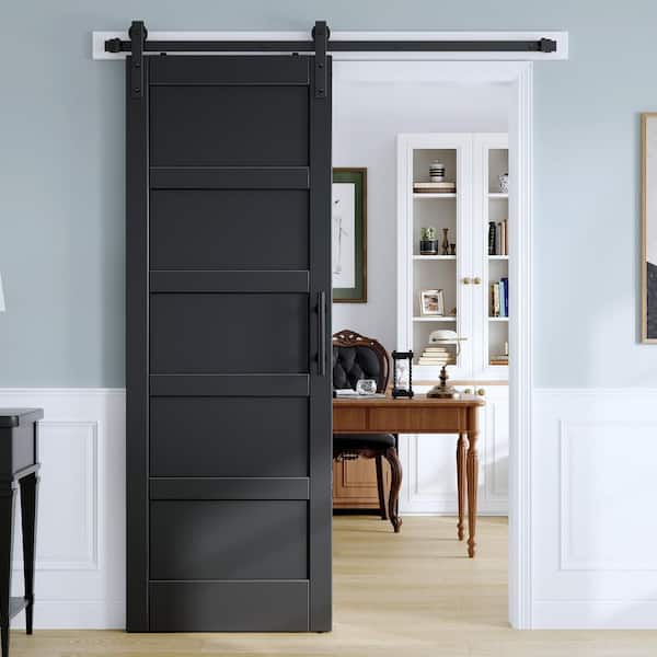 36 in. x 84 in. 5-Panel Black Finished MDF Wood Assembly Required Interior Sliding Barn Door with Hardware Kit