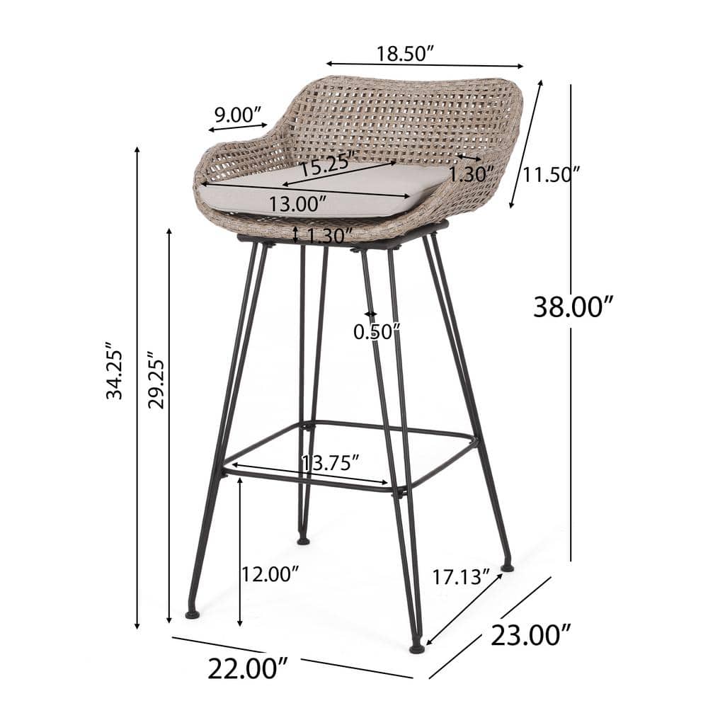 Transitional Mixed Brown and Beige Iron Barstool with Cushions, Set of 2