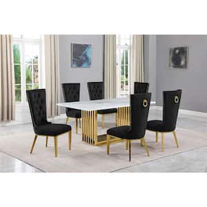 Lisa 7-Piece Rectangular White Marble Top Gold Chrome Base Dining Set with Black Velvet Chairs Seats 6