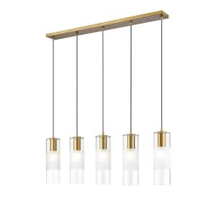 Alton 42 in. 5-Light Modern Gold Linear Chandelier with Clear Plus Frosted Glass Shades