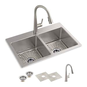 Cursiva All-in-One Stainless Steel 33 in. Double Bowl Drop-In or Undermount Kitchen Sink with Faucet