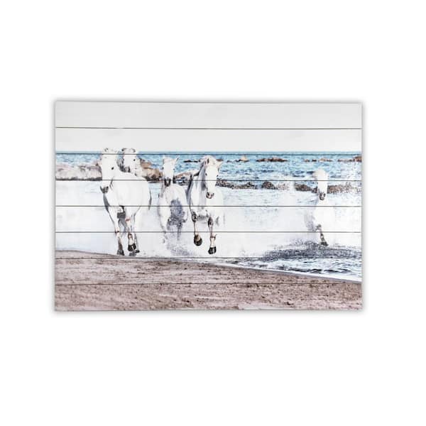 Unbranded Horses Running Planked Wood Animal Art Print 24 in. x 36 in.