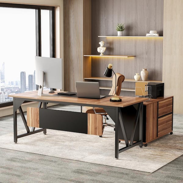 BYBLIGHT Capen 70.86 in. Rectangular Brown Wood 3-Drawer Executive Desk