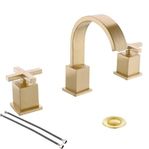 Inch 2-Handle Waterfall 3-Holes Brushed Gold Lead- Free Wide spread Bathroom Faucet
