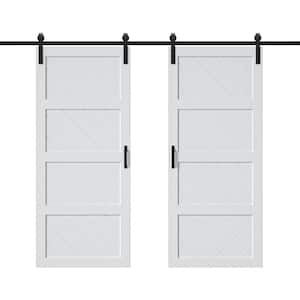 72 in. x 84 in. Paneled 4 Lite Wave Shape MDF White Prefinished Double Sliding Barn Door Slab with Hardware Kit