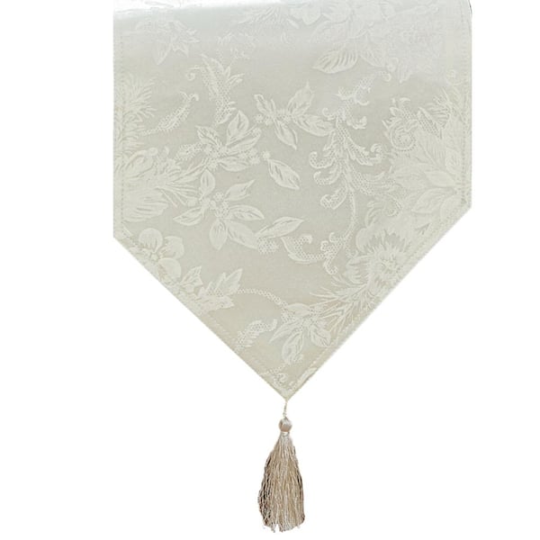 Threadmade Home Poinsettia Elegance Jacquard Holiday Table Runner, Ivory - 13"W x 70"L