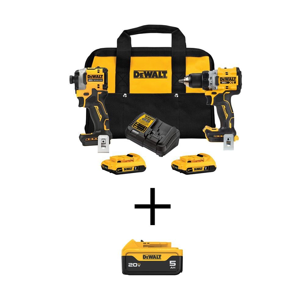 20V MAX Cordless Drill/Driver, ATOMIC Impact Driver 2-Tool Combo Kit w/(2) 2Ah and (1) 5Ah Batteries, Charger and Bag -  DEWALT, DCK2051D2WCB205