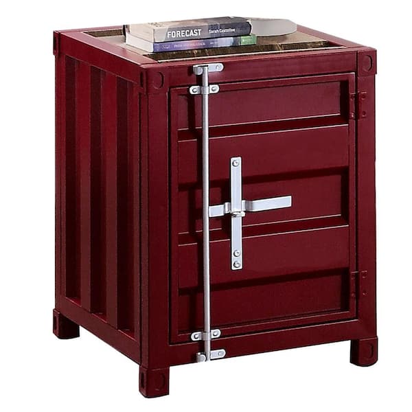 Benjara 23 in. Red Square Wood End Table with Sliding Door Storage