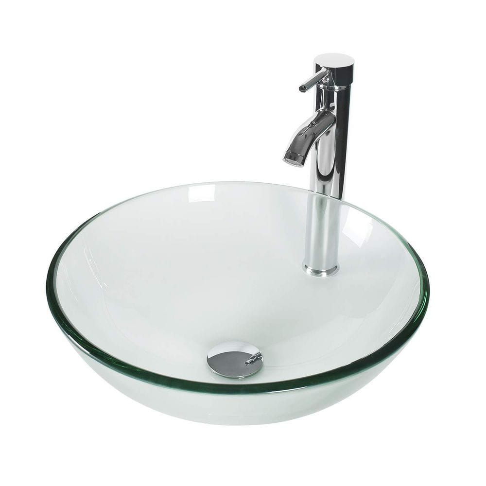 Clear Tempered Glass Round Vessel Sink with Chrome Faucet