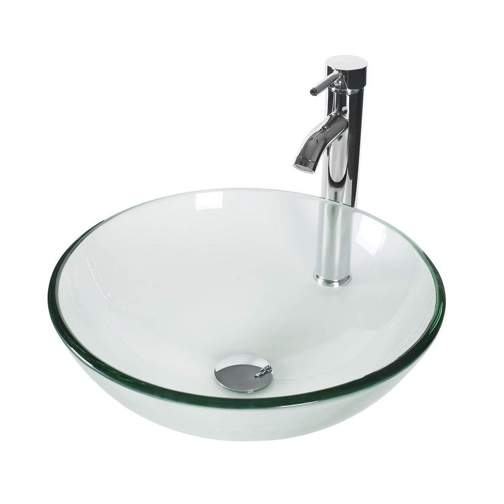 eclife Cameo Clear Tempered Glass Round Vessel Sink with Chrome Faucet ...