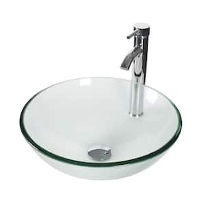 Cameo Clear Tempered Glass Round Vessel Sink with Chrome Faucet Pop Up Drain Set