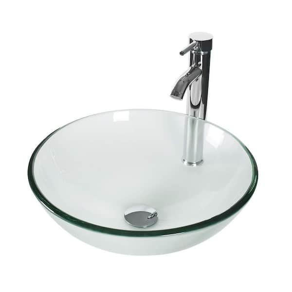 eclife Cameo Clear Tempered Glass Round Vessel Sink with Chrome Faucet Pop Up Drain Set