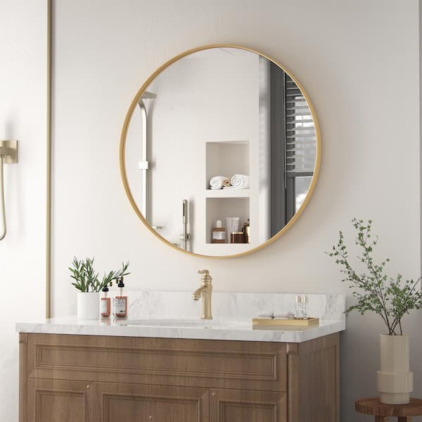 PRIMEPLUS 30 in. W x 30 in. H Large Round Mirror Metal Framed Mounted Mirror Wall Mirrors Bathroom Mirror Vanity Mirror in Gold