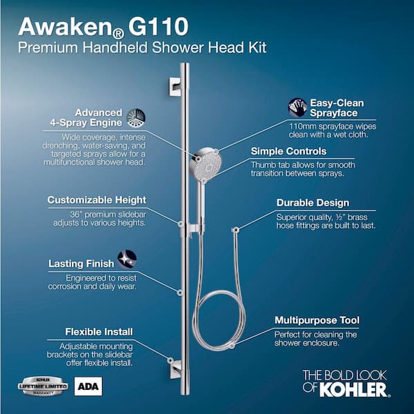 Awaken 4-Spray Premium Slidebar Kit with Handshower in Vibrant Brushed Nickel