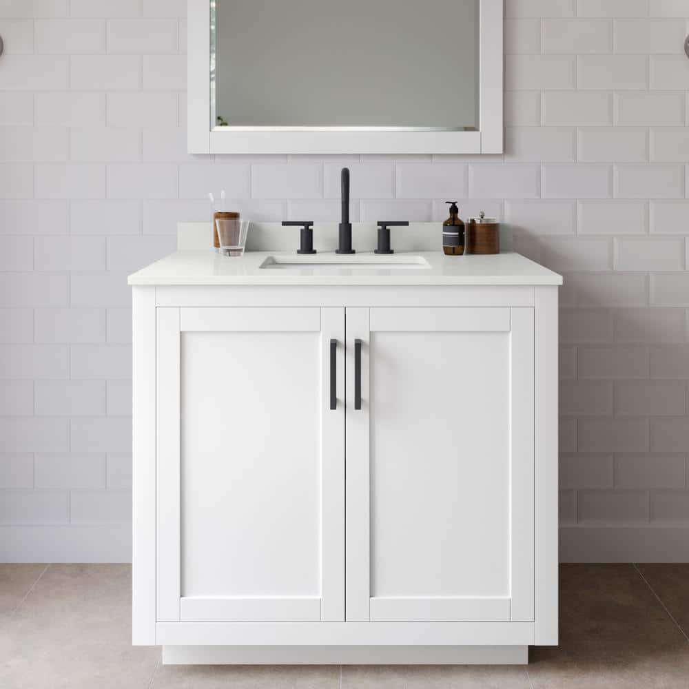 Miranda 36 in. W x 22 in. D x 33.75 in. H Single Bath Vanity in White with White Quartz Top and 34 in. Mirror price history on PriceWatchPro