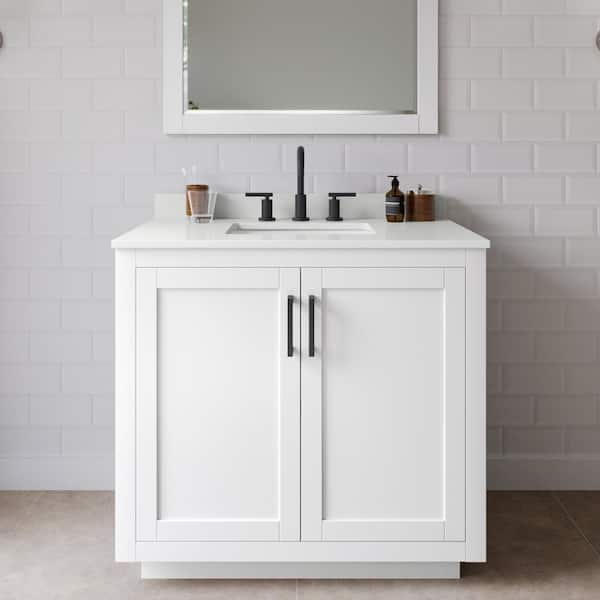 Wyndham Collection Miranda 36 in. W x 22 in. D x 33.75 in. H Single Bath Vanity in White with White Quartz Top and 34 in. Mirror