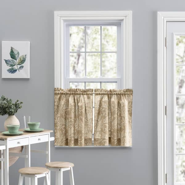 Ellis Curtain Lexington Leaf Pattern on Colored Ground Curtain Tiers 56"x24" Tan