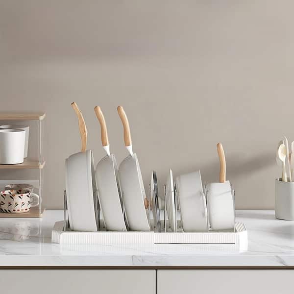 White Expandable Pot and Pan Organizer Rack with Lid Holder, Adjustable Cabinet Storage Solution