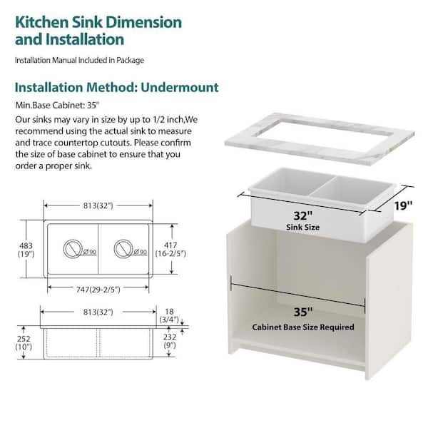 Sarlai 32 in. Undermount 50/50 Double Bowl White Porcelain Ceramic