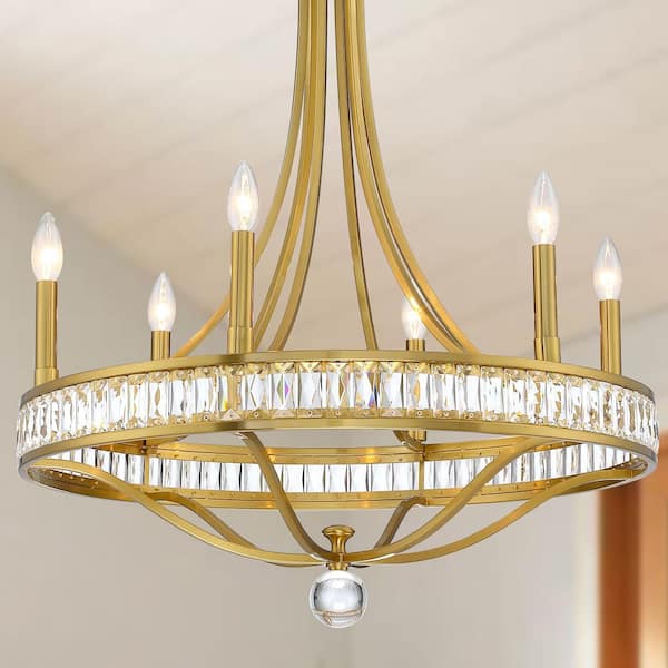 Modern 26 in. 6-Light Gold Wagon Wheel Chandelier for Living Room with Crystal Glass Shades