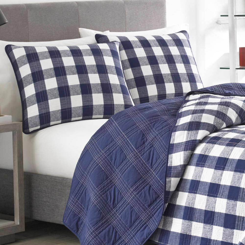 Full Blue Cotton Reversible Plaid Quilt Set