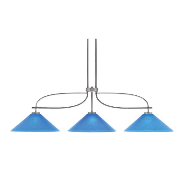 Unbranded Wensley 13.5 in.  3-Light Graphite & Painted Distressed Wood-Look Metal Chandelier Blue Italian Glass Shade