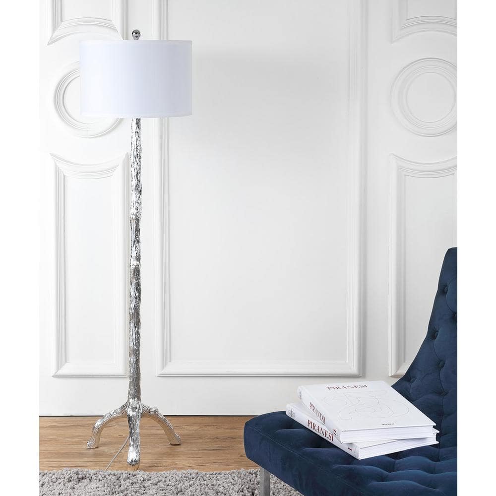 Silvered Tree Trunk Tripod Floor Lamp with White Cotton Shade