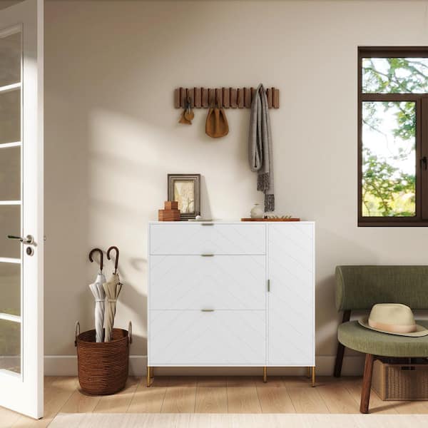 49 in. H MDF Shoe Storage Cabinet in White with Flip-Out Drawers and Adjustable Shelves for Entryway or Living Room