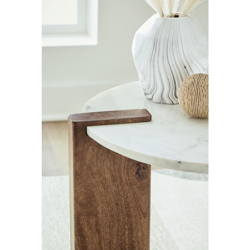 Round White Marble and Brown Wood End Table