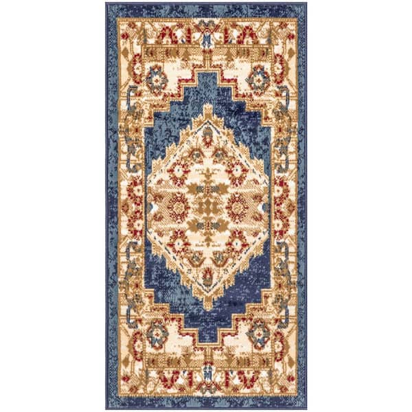 Nourison Grafix Navy Gold doormat 2 ft. x 4 ft. Center medallion Traditional Area Rug