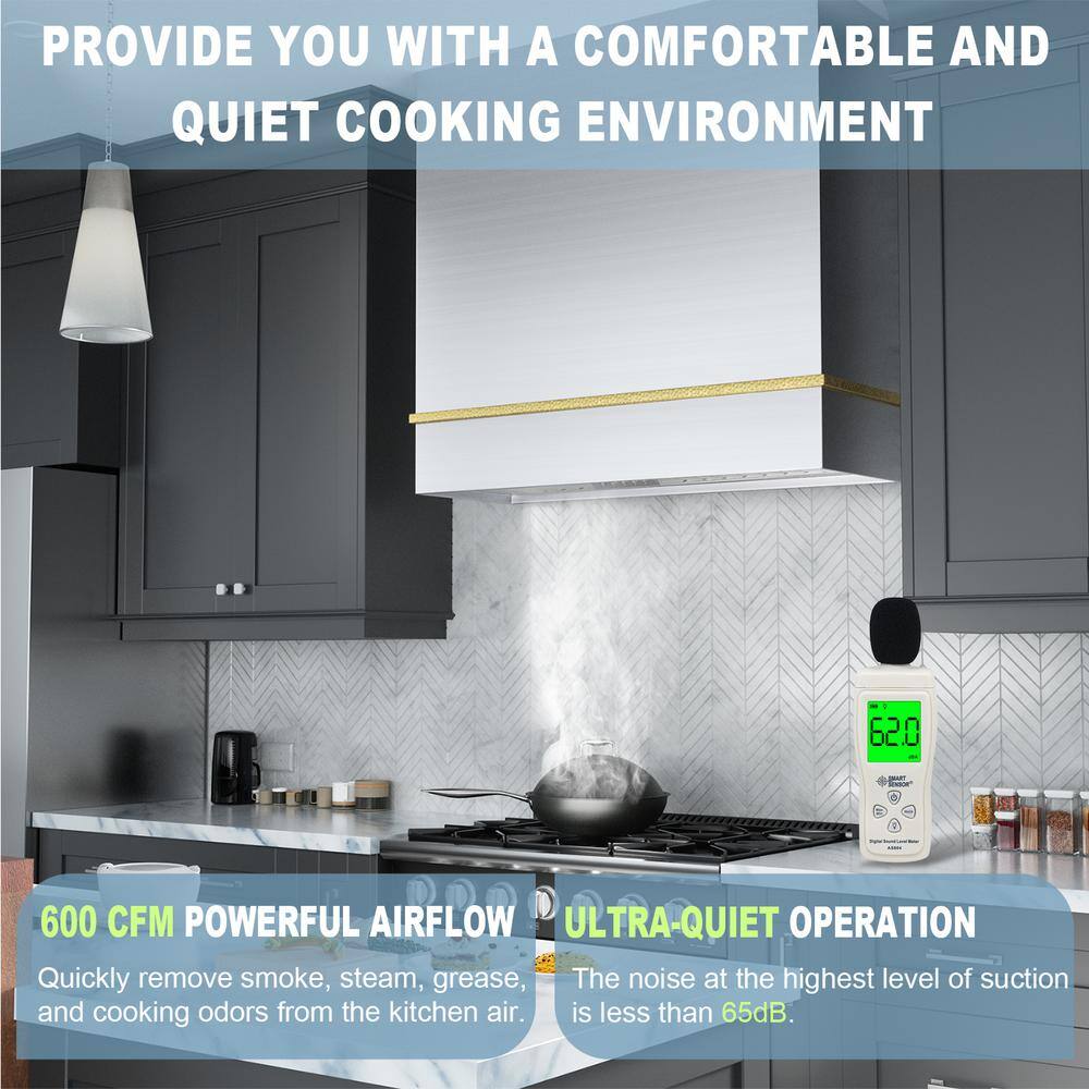 30" Brushed Stainless Steel and Gold Wall Mount Range Hood