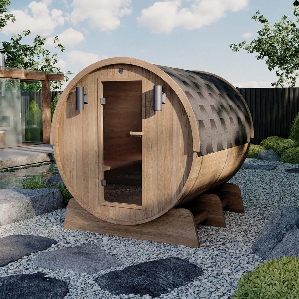 Outdoor Red Cedar Barrel Sauna with Heater and Roof