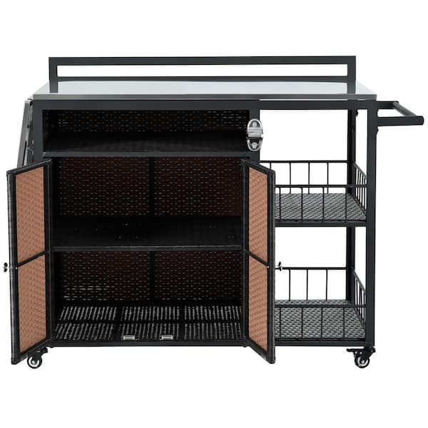 Unbranded 250 Gal. Outdoor Kitchen Island Deck Box with Storage Stylish Dark Brown PE Rattan and Iron Grill Cart for BBQ