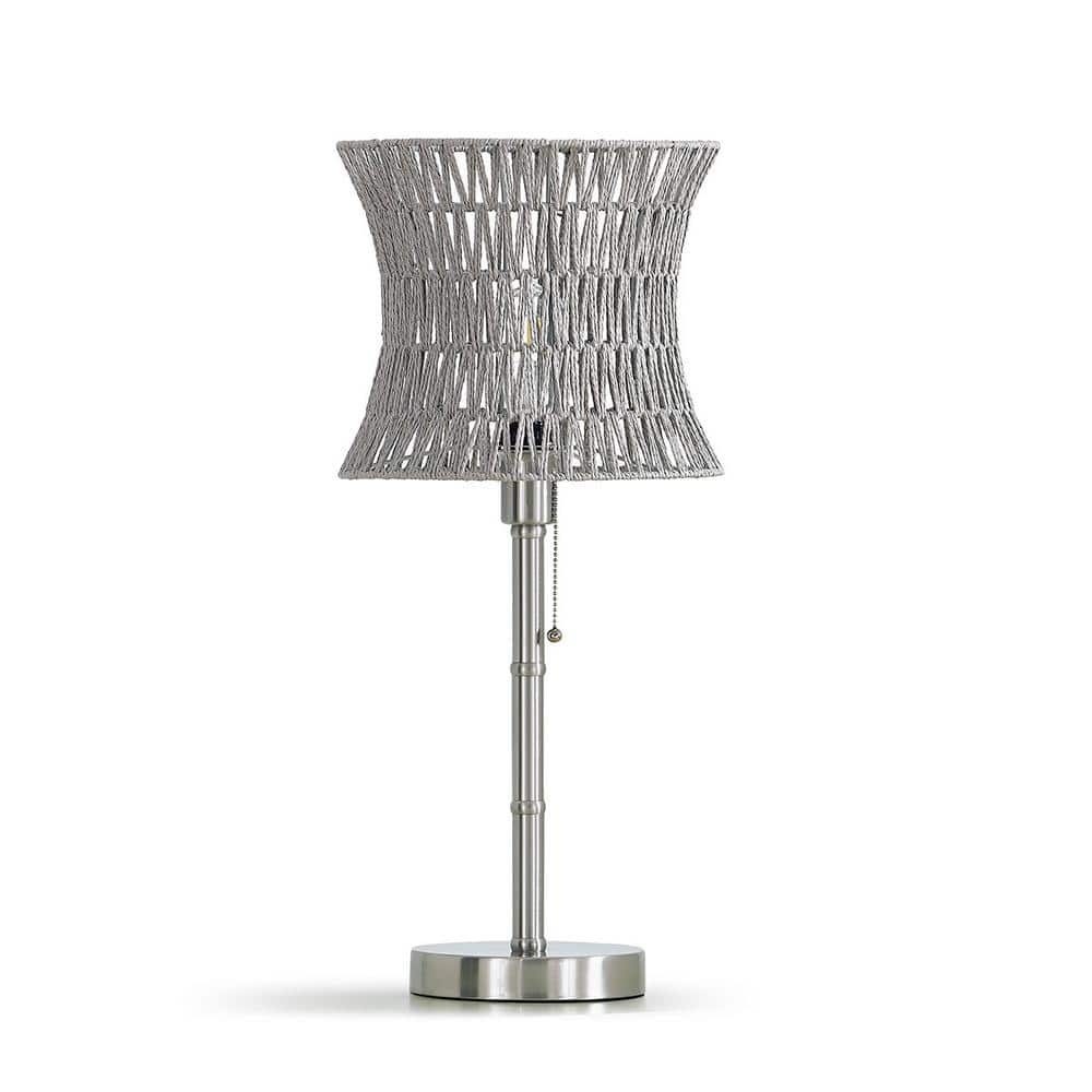 HomeGlam Bohol 26 in. Brushed Nickel Metal Table Lamp with Rattan Shade