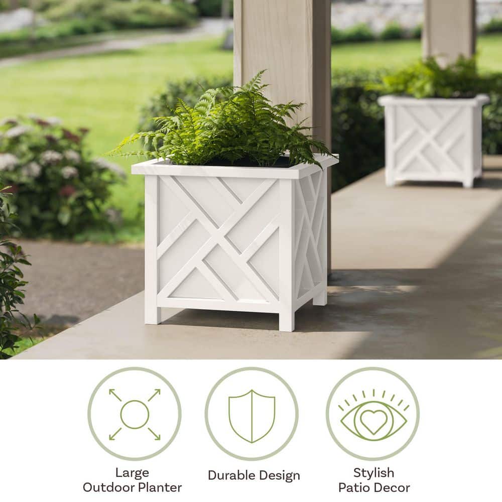 White Polypropylene 15.5-Inch Lattice Design Outdoor Planter Box