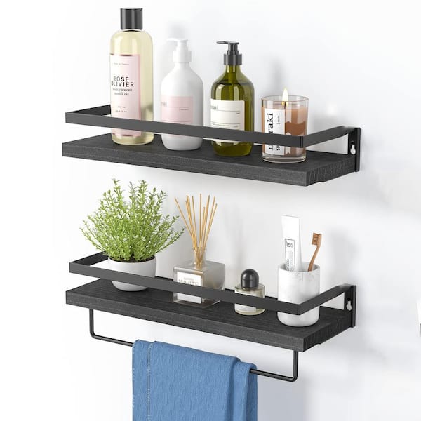 Pine Floating Shelves with Hooks, Black Farmhouse Bathroom Floating Shelves  Over Toilet, Set Of 2 Wood Wall Shelves with Removable Towel Bar, Hanging