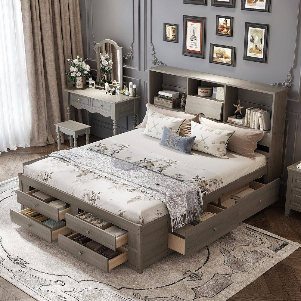Gray Wood Frame King Size Platform Bed with 8 Drawers and Storage Headboard price history on PriceWatchPro