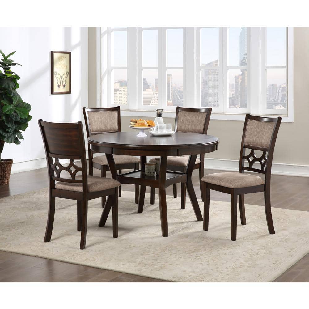 Cherry Brown Round Wood Dining Set with 4 Chairs