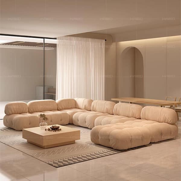Magic Home 200 in. Flared Arm Teddy Velvet U-shaped 7-Wide Seats Rectangle Sectional Sofa Couch with Ottoman in. Beige