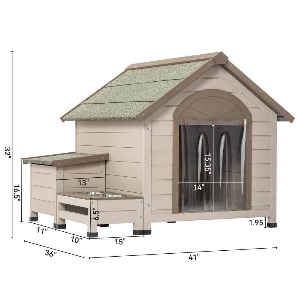 Medium Outdoor Fir Wood Dog House with Storage and Feeding Station