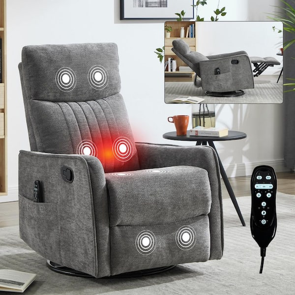 Grey 360° Swivel Manual Chenille Recliner Rocker Chair with Massage and Heat