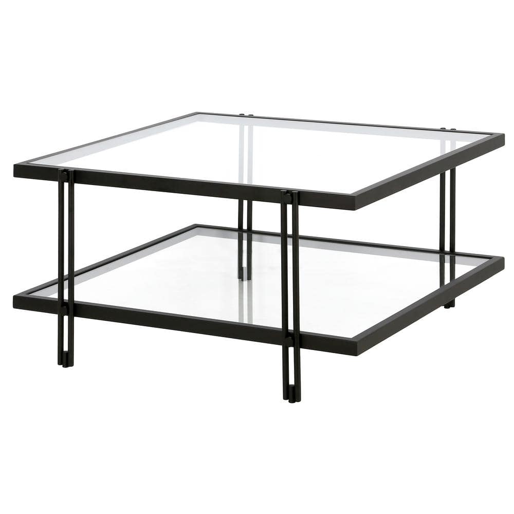 Modern Square Glass Coffee Table with Lower Shelf in Blackened Bronze