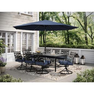 Montclair 9-Piece Steel Outdoor Dining Set with Navy Blue Cushions, 8 Swivel Rockers, 42 in. x 84 in. Table and Umbrella
