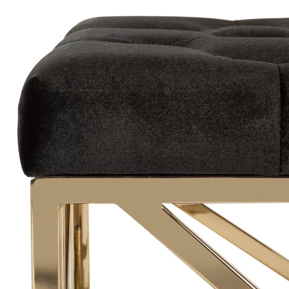 Luxurious Black Velvet and Gold Foil Tufted Rectangular Bench
