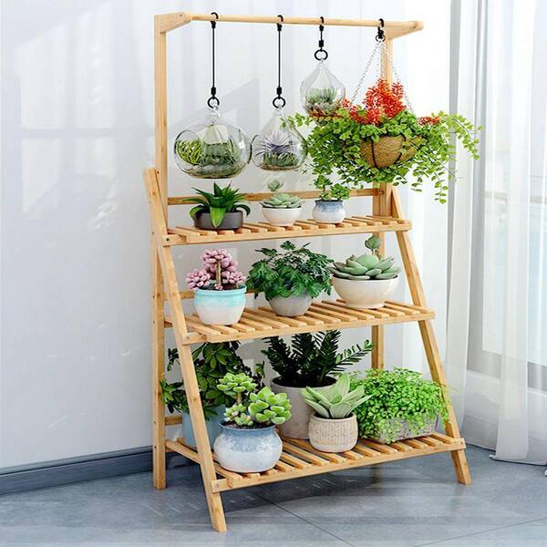 AESOME 56.8 in. x 27.5 in. Bamboo Hanging Plant Stand 3-Tier Ladder Display  Rack for Garden Patio Succulent Basket Planter HJ70DL