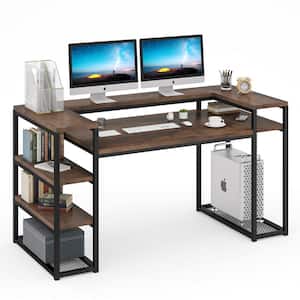 Heidi 63 in. Rectangular Black Metal Brown Particle Board Wood Computer Desk with Storage Shelves Monitor Printer Stand