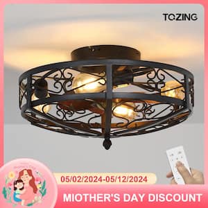 19.6 in. Indoor Black 4-Light Wood Modern Industrial Metal Flush Mount Cage Ceiling Fan with Light Fixture with Remote